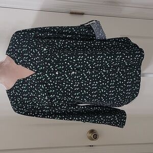 Notations, Size L Black with Green Polka Dot Button Down Roll Tab Sleeve Shirt